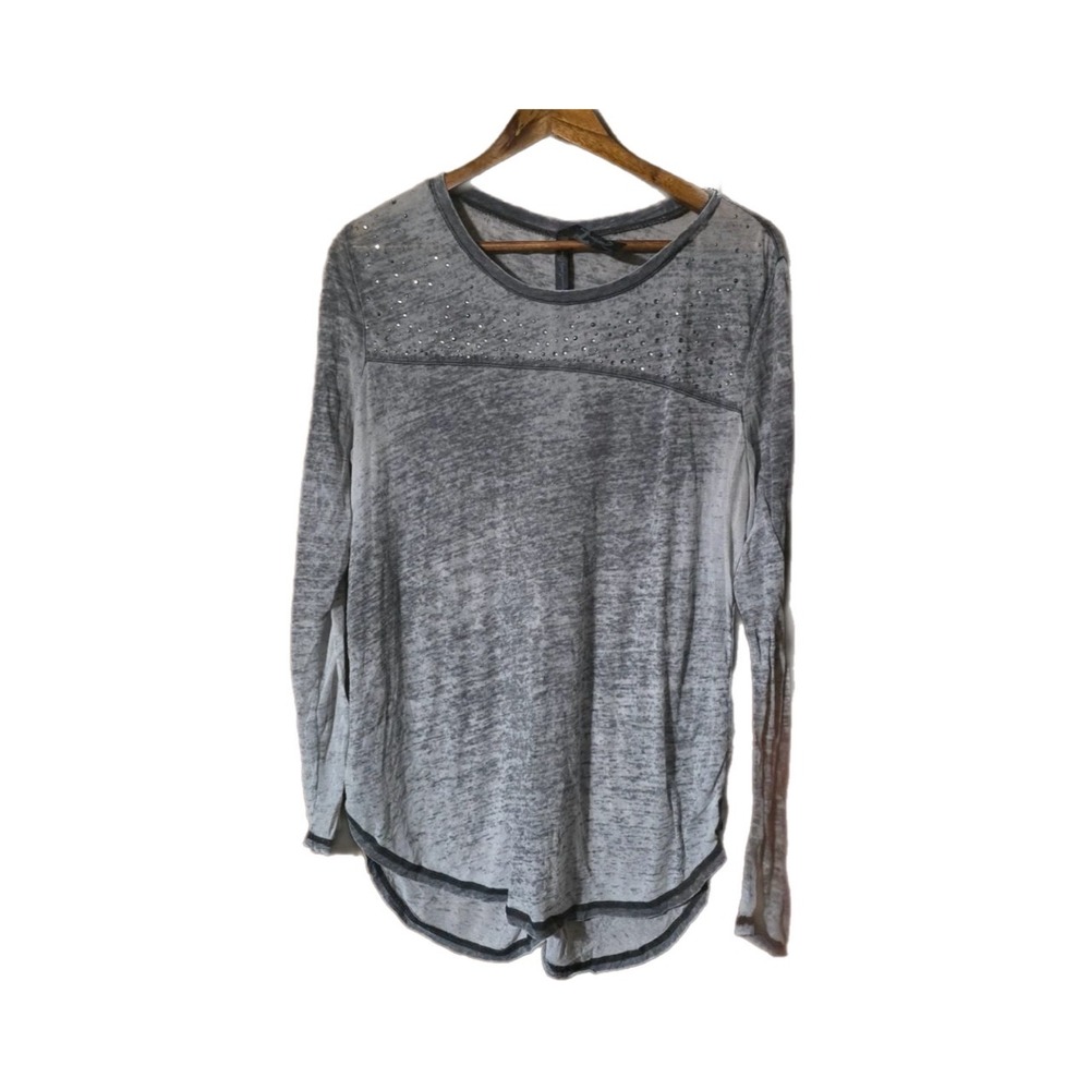 Zenana Top Women Medium Gray Excellent Rhinestone Burnout Long Sleeve Hem